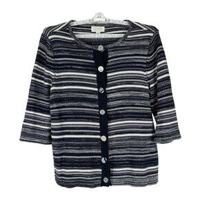 CJ Banks Womens 1X Cardigan Sweater Striped Navy White Cotton Button Front